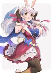  1girl :d animal_ear_hairband animal_ears armpits arms_up ascot black_pantyhose blue_scarf blush boots border breasts brown_boots brown_eyes brown_gloves brown_pantyhose coat commentary_request dress fake_animal_ears fake_tail fingerless_gloves fire_emblem fire_emblem:_radiant_dawn fire_emblem_heroes gloves gonzarez grey_background grey_hair hairband highres large_breasts long_hair looking_at_viewer micaiah_(fire_emblem) micaiah_(spring_company)_(fire_emblem) narrow_waist neckerchief official_alternate_costume open_mouth pantyhose polka_dot polka_dot_scarf purple_ascot purple_coat purple_vest rabbit_pose scarf shirt simple_background skirt smile solo tail thighs vest white_border white_hairband white_skirt wide_hips 