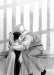  2boys arm_around_waist arms_around_neck badeni black_hair black_shoes black_tabard blue_eyes chi.:_chikyuu_no_undou_ni_tsuite commentary_request feet_out_of_frame greyscale hair_bun highres hiroi_88a hug male_focus monochrome multiple_boys oczy pants prison_cell robe rolling_eyes shirt shoes tabard tonsure twintails vest white_robe white_shirt 