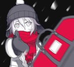  1girl alternate_costume bag beanie black_background black_hat braid closed_mouth coat commentary duffel_bag earflap_beanie frown furrowed_brow hair_over_shoulder hat ia_(vocaloid) long_hair long_sleeves looking_at_viewer meme mittens motion_blur nervous outstretched_hand partially_colored pom_pom_(clothes) pom_pom_beanie red_bag red_scarf scarf silly_terror_(vocaloid) simple_background single_braid snowing solo throwing tsuki_(sakatsuki627) upper_body vocaloid winter_clothes winter_coat woe_plague_be_upon_ye_(meme) 