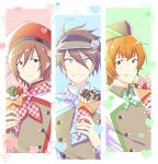  3boys ahoge akuno_hideo amagase_touma beret black_hat blue_eyes blush brown_eyes brown_hair crepe food green_eyes hat heart highres holding holding_food idol idolmaster idolmaster_side-m looking_at_viewer male_focus mintpmintp multiple_boys orange_hair red_hat sharp_teeth short_hair simple_background smile teeth visor_cap wakazato_haruna 