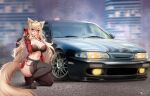  1girl ahoge airman_(vrchat) animal_ear_fluff animal_ears bell black_bra black_choker black_gloves black_panties black_thighhighs blonde_hair blue_eyes blurry blurry_background blush bra breasts car cellphone choker commentary commission english_commentary fingerless_gloves fox_ears fox_girl fox_tail full_body garter_belt glasses gloves highres holding holding_phone large_breasts long_hair looking_at_viewer motor_vehicle navel navel_piercing neck_bell no_shoes on_one_knee open_clothes open_mouth open_shirt panties phone piercing red_shirt reimundpurr second-party_source selfie shirt smartphone smile solo swept_bangs tail thighhighs underwear vehicle_request vrchat 