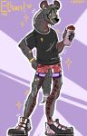 :3 anthro athletic athletic_anthro athletic_wear bandage bandage_on_face bandage_on_nose bodily_fluids bottle bottomwear bracelet clothing container dated dorsal_mane drooling ears_up emblem ethan_(existance) eyewear footwear fur glasses grey_body grey_clothing grey_fur grey_shirt grey_tail grey_topwear gym_bottomwear gym_shorts heart_symbol hi_res humanoid hyena jewelry leaning leaning_sideways looking_up male mammal mane maroon_fur maroon_markings purple_eyes round_glasses saliva shirt shoes shorts showing_teeth simple_background smile sneakers solo spots standing star tail text topwear unknown_artist water_bottle white_mane