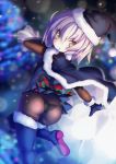  armadillon artoria_pendragon_(all) ass black_panties blue_dress blue_gloves blue_legwear blurry bodystocking bokeh boots cape christmas_tree commentary_request cosplay depth_of_field dress eyebrows_visible_through_hair fate/grand_order fate_(series) from_behind fur_trim gloves green_eyes hair_between_eyes highres jack_the_ripper_(fate/apocrypha) leg_up looking_at_viewer pale_skin panties pantyhose parted_lips pleated_dress sack santa_alter santa_alter_(cosplay) short_dress short_hair solo stitches thigh_boots thighband_pantyhose thighhighs underwear white_hair 