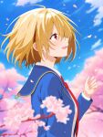  1girl :d absurdres blonde_hair blue_jacket blue_sky blurry blush cherry_blossoms day depth_of_field falling_petals floating_hair flower from_side hair_between_eyes hair_ornament hairclip hand_up happy heaven_burns_red highres jacket kayamori_ruka long_sleeves looking_up luck_hebuban medium_hair necktie open_clothes open_jacket open_mouth outdoors parallel_hairclips petals pink_flower profile red_eyes red_necktie shirt sky smile solo spring_(season) teeth tree upper_body upper_teeth_only white_shirt wind 