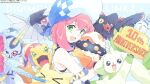  >_< 1girl agumon anniversary bare_shoulders blue_hat botamon copyright_name digimon digimon_(creature) digimon_linkz dragon dress gabumon gloves green_eyes group_picture hat jazamon non-humanoid_robot nyaromon official_art pink_hair red_eyes reptile_girl robot robot_dragon second-party_source short_hair single_glove t-okada terriermon vorvomon white_dress white_gloves white_hat 