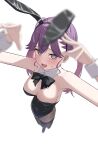  1girl @_@ absurdres ahoge animal_ear_hairband animal_ears bare_arms bare_shoulders black_bow black_bowtie black_leotard black_thighhighs blurry blurry_foreground blush bow bowtie breasts brown_pantyhose cleavage commentary covered_navel detached_collar fake_animal_ears from_above gakuen_idolmaster hairband highres idolmaster kaya_rinha large_breasts leotard long_hair looking_at_viewer looking_up nanami_haru open_mouth pantyhose playboy_bunny purple_hair rabbit_ear_hairband rabbit_ears rabbit_pose sidelocks simple_background solo strapless strapless_leotard thighhighs thighhighs_over_pantyhose twintails white_background white_wrist_cuffs wrist_cuffs 
