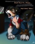  2018 4_toes 5_fingers anthro black_fur blue_collar brown_eyes brown_fur canine catmonkshiro claws clothed clothing collar dialogue digital_drawing_(artwork) digital_media_(artwork) dog english_text fur hi_res human male mammal multicolored_fur offscreen_character open_mouth red_clothing red_shirt red_topwear solo story story_in_description sweat teeth text toe_claws toes torn_clothing transformation white_fur 