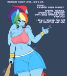  2015 anthro anthrofied areola big_breasts blue_feathers blue_fur breasts english_text equine feathered_wings feathers female friendship_is_magic fur hi_res mammal my_little_pony nipple_bulge nipple_slip pegasus rainbow_dash_(mlp) solo somescrub text wings 