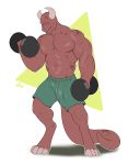  anthro boosterpang bulge clothed clothing dinosaur exercise horn looking_at_viewer male muscular muscular_male open_mouth smile solo standing topless weightlifting workout 