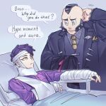  2boys arm_behind_head arm_sling bandaged_arm bandaged_head bandages bed black_hair black_jacket commentary corbeau_(pokemon) english_commentary english_text facial_hair grey_background grey_eyes grey_shirt highres holding holding_unworn_clothes hospital_bed injury jacket male_focus mohawk multiple_boys mutton_chops necktie philippe_(pokemon) pokemon pokemon_legends:_z-a purple_hair purple_shirt shirt short_hair simple_background speech_bubble suit_jacket told_you_not_to_do_that uvuvus very_short_hair yellow_eyes 