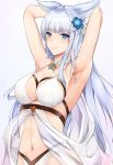  animal_ears armpits arms_behind_head arms_up bikini blue_eyes breasts choker cleavage collarbone erune eyebrows_visible_through_hair floating_hair granblue_fantasy groin hair_ornament highres jewelry korwa large_breasts long_hair looking_at_viewer navel necklace parted_lips ranju_aira see-through shiny shiny_skin silver_hair simple_background smile solo swimsuit upper_body very_long_hair white_background white_bikini 