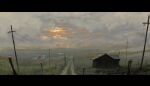  barn building cloud cloudy_sky commentary cotact147 dirt_road fog grass highres house letterboxed no_humans orange_sky original outdoors power_lines road rural scenery silo sky sunset utility_pole 