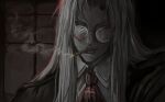  1girl ascot blonde_hair blue_eyes cigar coat collared_shirt cross cross_print dark-skinned_female dark_skin glasses hellsing integra_hellsing long_hair portrait qwt00tt red_ascot round_eyewear shirt smoke smoking solo tinted_eyewear white_shirt 