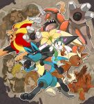  1other 2boys 3girls aerith_gainsborough barret_wallace buster_sword closed_mouth cloud_strife crossover final_fantasy final_fantasy_vii floette flower furry furry_female highres holding holding_flower lopunny lucario multiple_boys multiple_girls open_mouth over_shoulder pokemon pokemon_(creature) pyroar red_eyes red_xiii rhyperior running sharp_teeth sim_sb_(pixiv121308470) sword sword_over_shoulder teeth tifa_lockhart weapon weapon_over_shoulder yellow_flower 