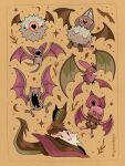  animal_focus bat_(animal) brown_background closed_mouth commentary crescent crobat english_commentary fangs full_body golbat highres instagram_username leaf no_humans noibat noivern open_mouth pokemon pokemon_(creature) pokemon_focus smile star_(symbol) swoobat wyrmwoodpyro zubat 