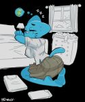2026 anthro aroused big_butt blue_body blue_fur butt cartoon_network clothed clothing dildo domestic_cat edalv felid feline felis female folded_clothing fur glistening huge_butt mammal mature_anthro mature_female nicole_watterson nude open_mouth open_smile sex_toy simple_background smile solo text the_amazing_world_of_gumball yellow_background