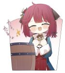  1girl :d atelier_(series) atelier_sophie_2 barrel blush_stickers clenched_hands commentary_request facing_viewer fang flower hair_flower hair_ornament hands_up hatuho_1223 highres long_sleeves open_mouth red_flower red_hair red_rose rose short_hair smile solo sophie_neuenmuller sparkle white_background 