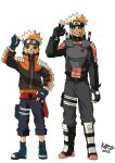  1boy armor black_pants blonde_hair blue_eyes dual_persona facial_mark fingerless_gloves flak_jacket forehead_protector full_body gauntlets gloves highres jacket karystmania konohagakure_shinobi_uniform konohagakure_symbol naruto_(classic) naruto_(series) naruto_shippuuden ninja pants redesign short_hair smile spiked_hair sword uzumaki_naruto uzumaki_symbol weapon whisker_markings 