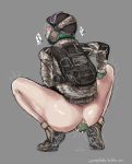  1girl anal anal_object_insertion ass baseball_cap blush boots camouflage ela fingerless_gloves from_behind full_body goggles goggles_on_head green_gloves green_hair headphones military object_insertion pussy_juice rainbow_six_siege solo tagme wrongnhoka 