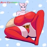  2016 anthro anthrofied belt big_breasts blue_eyes bra breasts christmas clothing deadpliss ear_piercing female hi_res holidays huge_breasts legendary_pok&eacute;mon legwear lingerie looking_at_viewer mature_female mew navel nintendo open_mouth panties piercing pok&eacute;mon pok&eacute;mon_(species) pok&eacute;morph sack solo spread_legs spreading stockings underwear video_games 