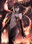  :o bad_id bad_pixiv_id bandaged_arm bandages bare_shoulders black_panties breasts bright_pupils brown_hair cleavage collarbone demon_girl demon_horns demon_tail fiery_tail fire flame hair_between_eyes highres horns inaba_sunimi knee_pads long_hair motion_blur navel open_mouth original panties pyrokinesis red_eyes revealing_clothes skindentation small_breasts solo tail toned tsurime underwear 