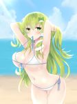  armpits arms_up bad_id bad_pixiv_id bangs beach bikini blue_sky blush breasts cleavage cloud cloudy_sky collarbone commentary cowboy_shot day eyebrows_visible_through_hair eyelashes frog_hair_ornament front-tie_top green_eyes green_hair groin hair_between_breasts hair_between_eyes hair_ornament hair_tubes halterneck hands_in_hair highres kochiya_sanae large_breasts leaning_forward long_hair looking_at_viewer mouth_hold navel outdoors shiny shiny_hair shiny_skin side-tie_bikini sky snake_hair_ornament solo standing sunlight swimsuit thigh_gap tosakaoil touhou underboob white_bikini 