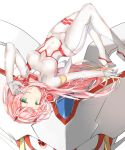  arm_up blush bodysuit breasts breasts_apart closed_mouth collar covered_navel darling_in_the_franxx green_eyes hairband highres horns impossible_bodysuit impossible_clothes long_hair medium_breasts pilot_suit pink_hair simple_background skin_tight smile solo strelizia upside-down white_background yddsb123 zero_two_(darling_in_the_franxx) 