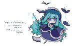  1girl absurdres blue_bonnet blue_dress blue_eyes blue_flower blue_hair blue_rose blush bonnet book bow_(music) chibi chibi_only closed_mouth dress expressionless floating floating_book floating_object flower frilled_dress frills gengaku_shoujo_wa_akirame_wo_shirazu_ni_(neutrino) gothic_lolita hair_flower hair_ornament highres holding holding_bow_(music) kotonoha_aoi lolita_fashion long_hair long_sleeves looking_at_viewer open_book outstretched_arms rose sayonaka_megumo signature simple_background solo spread_arms translation_request very_long_hair voiceroid white_background 