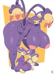  absurd_res aipom ambipom anthro areola biped breasts butt eyelashes female generation_2_pokemon generation_4_pokemon hi_res larger_female looking_at_viewer looking_back nintendo nipples nude pokemon pokemon_(species) pupils purple_body simple_background size_difference smaller_female smile vilf 