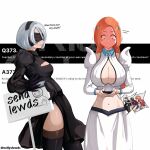  2b_(nier:automata) 3girls 4boys artist_name bleach bleach:_sennen_kessen-hen blindfold blonde_hair blush breasts brown_hair bucket cellphone character_mask cleavage cleavage_cutout clothing_cutout crop_top crossover dark-skinned_male dark_skin detached_sleeves embarrassed emil_(nier) english_text gaijin_4koma_(meme) glasses hair_ornament hairband hairpin highres holding holding_phone honshou_chizuru inoue_orihime juliet_sleeves kurosaki_ichigo large_breasts leaning_on_object long_hair long_sleeves looking_at_phone mask medium_breasts meme multiple_boys multiple_girls navel nellyslewds nier:automata nier_(series) orange_hair phone puffy_sleeves red_hair sado_yasutora sign smartphone thighhighs trembling urahara_kisuke white_hair yoko_taro 