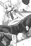  1girl admiral_(kantai_collection) bangs black_legwear breasts crotch_seam giantess greyscale hair_ribbon headgear highres kantai_collection long_hair looking_down looking_up military military_uniform monochrome murakumo_(kantai_collection) naval_uniform necktie panties panties_under_pantyhose pantyhose ribbon seo_tatsuya sidelocks size_difference small_breasts speech_bubble spread_legs squatting thighband_pantyhose toenails toes translated underwear uniform 