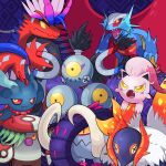  brute_bonnet closed_mouth colored_sclera commentary english_commentary ethanexion fang fangs flutter_mane great_tusk highres koraidon no_humans open_mouth orange_eyes pokemon pokemon_(creature) pokemon_focus red_sclera roaring_moon sandy_shocks scream_tail sharp_teeth skin_fang slither_wing smile teeth tusks yellow_eyes yellow_sclera 