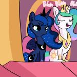  2018 animated balcony blue_feathers cosmic_hair crown cute cutie_mark dialogue duo english_text equine eyelashes eyes_closed feathered_wings feathers female feral friendship_is_magic fur hair hi_res hooves horn inner_ear_fluff looking_at_viewer mammal multicolored_hair my_little_pony nude one_eye_closed open_mouth open_smile outside princess_celestia_(mlp) princess_luna_(mlp) rainbow_hair royalty sibling sisters sitting smile teal_eyes teeth text tjpones tongue tongue_out white_feathers winged_unicorn wings wink 