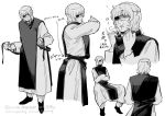  1boy adjusting_clothes badeni belt black_belt black_shoes black_tabard chi.:_chikyuu_no_undou_ni_tsuite commentary_request crossed_arms eyepatch full_body greyscale highres hiroi_88a male_focus monochrome multiple_views panties parted_lips robe scar scar_on_face scar_on_mouth scar_on_nose shoes short_hair sigh sitting solo tabard tonsure twitter_username underwear upper_body white_background white_panties white_robe 