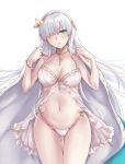  anastasia_(fate/grand_order) aqua_eyes ass_visible_through_thighs babydoll bangle bangs bare_arms bare_shoulders bracelet breasts cape cleavage collarbone eyebrows_visible_through_hair fate/grand_order fate_(series) groin hair_ornament hair_over_one_eye hairband head_tilt highres jewelry leaf_hair_ornament long_hair medium_breasts navel neck_ring panties royal_robe silver_hair simple_background solo stomach thigh_gap thighs tsurime underwear very_long_hair white_background white_cape white_panties yellow_hairband yuemanhuaikong 