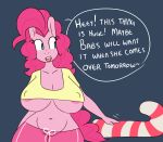  2015 anthro anthrofied areola big_breasts blue_eyes breasts candy candy_cane clothed clothing earth_pony english_text equine female food friendship_is_magic hair horse hugtastic_pinkie_pie mammal my_little_pony navel nipple_bulge open_mouth pink_hair pinkie_pie_(mlp) pony slightly_chubby smile solo somescrub text tongue 