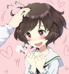  akiyama_yukari blush breath brown_eyes brown_hair commentary_request drooling gedou_(ge_ge_gedou) girls_und_panzer hair_tousle hand_on_another's_head heart heart-shaped_pupils long_sleeves ooarai_school_uniform out_of_frame petting pink_background sailor_collar saliva school_uniform serafuku short_hair simple_background solo_focus symbol-shaped_pupils upper_body 