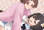  1girl 2girls :< :d all_fours araragi_tsukihi black_bow black_bowtie black_eyes black_hair blue_sailor_collar blue_skirt blush bow bowtie brown_background brown_eyes brown_hair casual choppy_bangs closed_mouth commentary current_nadeko egg_hair_ornament embarrassed eye_contact eyelashes finger_to_mouth food-themed_hair_ornament fried_egg frown green_ribbon grid_background hair_ornament hair_ribbon highres long_hair long_sleeves looking_at_another looking_down looking_up low_twintails lying monogatari_(series) multiple_girls nademonogatari nervous nervous_sweating on_side open_mouth pants pink_sweater ribbon sailor_collar school_uniform sengoku_nadeko serafuku shirt short_hair skirt sleeves_past_wrists smile solo straddling sweat sweater tsuganoki_second_junior_high_school_uniform tsugumi_(tgm_615486) twintails untranslatable_commentary v-shaped_eyebrows white_pants white_shirt 