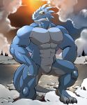 abs anthro barazoku barefoot biceps blue_skin claws lizard looking_away maldu male manly muscular navel nude outside pecs pose reptile scales scalie sharp_claws sharp_teeth solo teeth thick_thighs toe_claws triceps yellow_eyes 