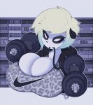 2018 anthro bear big_breasts black_and_white_fur blonde_hair breasts city cleavage clothed clothing detailed_background digital_media_(artwork) ear_piercing exercise fangs female hair hoodie huge_breasts jewelry mammal nike outside panda piercing slit_pupils smutbunny sol_paws solo sweat urban weightlifting weights workout 