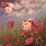  alt_text alternate_color closed_mouth cloud cloudy_sky commentary english_commentary fangs floating flower friedunicornstudio grass highres no_humans open_mouth outdoors pink_flower pokemon pokemon_(creature) pokemon_focus red_eyes scream_tail shiny_and_normal shiny_pokemon sky smile sparkle yellow_eyes 