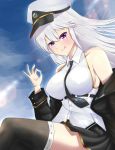  azur_lane bare_shoulders belt black_belt black_coat black_neckwear blue_sky breasts coat collared_shirt commentary_request cowboy_shot enterprise_(azur_lane) farysar hair_between_eyes hat highres large_breasts long_hair looking_at_viewer military miniskirt necktie open_clothes open_coat peaked_cap purple_eyes shirt silver_hair skirt sky sleeveless sleeveless_shirt solo thighhighs thighs underbust white_hat 