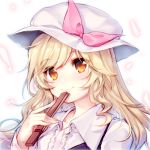  asymmetrical_bangs bad_id bad_pixiv_id bangs blonde_hair bow center_frills closed_mouth collarbone collared_shirt commentary curly_hair eyebrows_visible_through_hair eyelashes eyes_visible_through_hair fan fan_to_mouth folding_fan hat hat_bow holding holding_fan light_blush lips long_hair long_sleeves lowres orange_eyes parted_bangs pf pink_bow purple_vest shirt simple_background single_strap smile solo swept_bangs touhou upper_body vest watatsuki_no_toyohime white_background white_hat white_shirt 