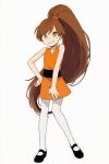  1girl ai-assisted big_hair black_shoes bliss_(kuku88) brown_hair child colokhan commentary dress dress_shoes english_commentary full_body high_ponytail highres long_hair orange_dress orange_eyes original pantyhose ponytail powerpuff_girls shoes short_dress smile solo very_long_hair white_background white_pantyhose 