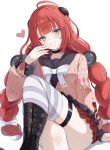  1girl black_sailor_collar blush boots bow braid braided_twintails breasts cardigan chest_bow commentary_request crossed_legs green_eyes hair_ornament heart highres long_hair looking_at_viewer loose_thighhigh low_twin_braids multiple_hair_ribbons pink_cardigan red_hair sailor_collar shirt simple_background single_thighhigh sitting skirt smile solo sphere_hair_ornament striped_clothes striped_thighhighs tamamorh thigh_strap thighhighs thighs twin_braids twintails ukinami_yuzuha white_background white_bow zenless_zone_zero 
