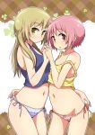  blonde_hair commentary holding_hand ichii_yui long_hair mel_(melty_pot) multiple_girls no_pants nonohara_yuzuko panties pink_hair short_hair side-tie_panties tank_top underwear yuyushiki 