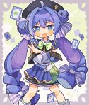  1girl :3 :d ahoge black_hat black_skirt blue_eyes blue_hair blue_shirt blush_stickers border bow bowtie card commentary crossed_arms double-parted_bangs fang feet_out_of_frame frilled_skirt frills green_bow green_bowtie hair_between_eyes hair_bow hair_intakes hat highres long_hair long_sleeves looking_at_viewer open_mouth otomachi_una outline outside_border pleated_skirt purple_border purple_bow shirt shoes signature skirt smile solo standing striped_bow tabunnanhun twintails v v-shaped_eyebrows v0shaped_eyebrows very_long_hair vocaloid white_outline white_shoes 