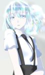  absurdres androgynous bangs black_neckwear black_shorts blue_eyes blue_hair collared_shirt diamond_(houseki_no_kuni) eyebrows_visible_through_hair gem_uniform_(houseki_no_kuni) grey_background hair_between_eyes highres houseki_no_kuni looking_at_viewer minarai_tenna necktie parted_lips shiny shiny_hair shirt short_hair short_sleeves shorts simple_background solo sparkle standing suspender_shorts suspenders upper_body white_shirt wing_collar 