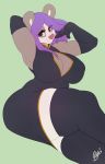  5_fingers anthro armwear bear big_breasts breasts buxbi cleavage clothed clothing elbow_gloves female gloves hair legwear long_hair looking_at_viewer makeup mammal mascara panda purple_hair signature slightly_chubby smile solo stockings thick_thighs thigh_highs thigh_squish voluptuous 