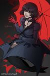  1girl absurdres black_hair black_thighhighs bob_cut character deadlock_(game) dress gloves highres holding holding_umbrella jacket looking_at_viewer loqu1t mina_(deadlock) red_background red_eyes red_gloves red_umbrella short_hair simple_background smirk solo thighhighs umbrella vampire 